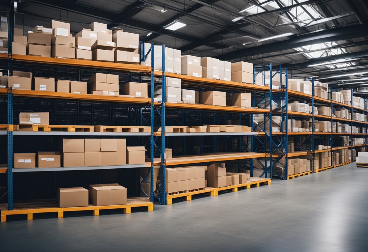 A warehouse with organized shelves, a streamlined transportation route, and cost-saving measures in place