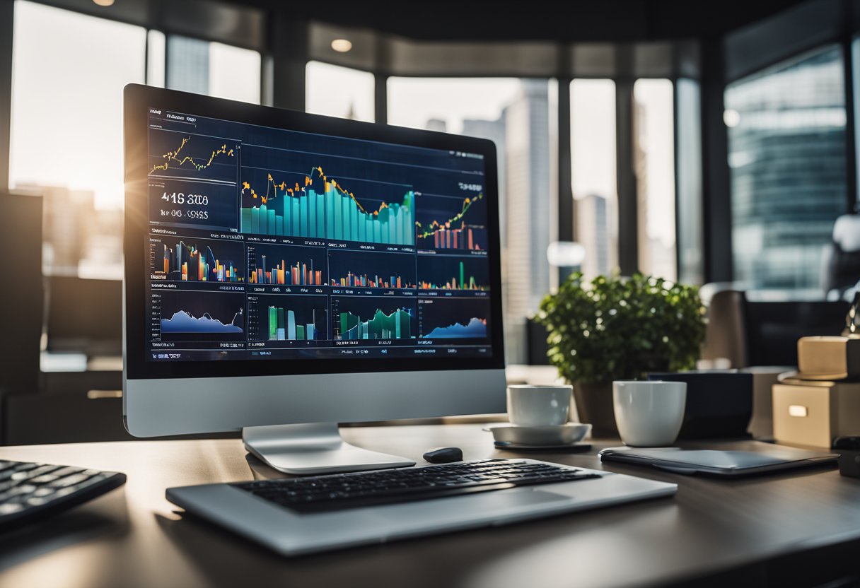 A diverse array of ETFs displayed on a computer screen, with charts and graphs showing their performance. The screen is surrounded by a variety of financial documents and charts, representing a diversified portfolio