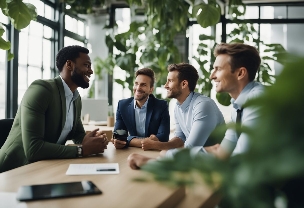 A group of investors discussing sustainable startup strategies in a modern office setting, surrounded by green plants and eco-friendly decor