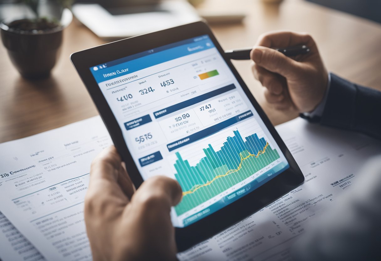 A person reviewing a list of financial transactions, with a chart showing a steady increase in credit score over time