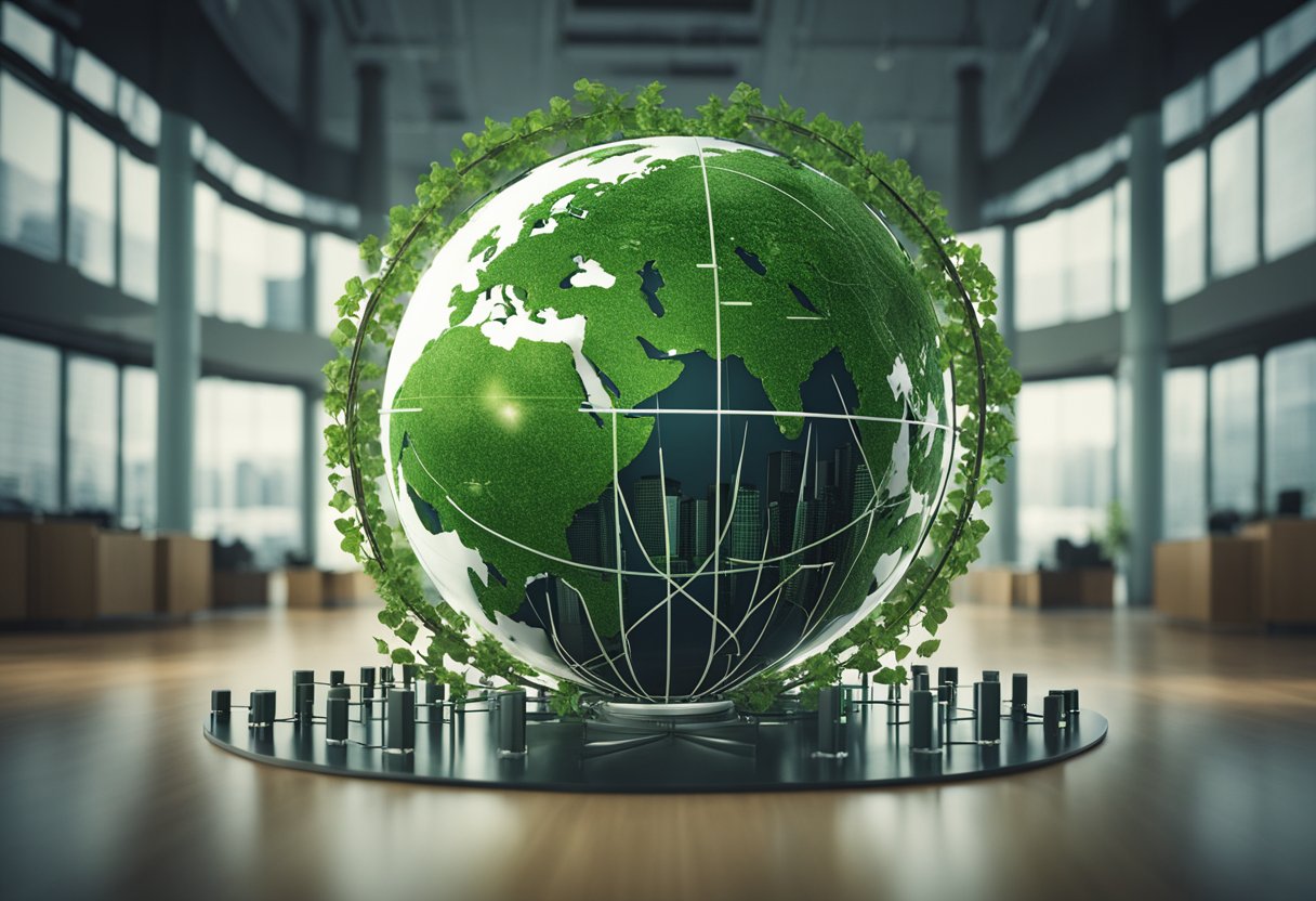 A green globe surrounded by interconnected arrows representing the pillars of sustainability. A corporate building with a tree growing through it symbolizes sustainable investment