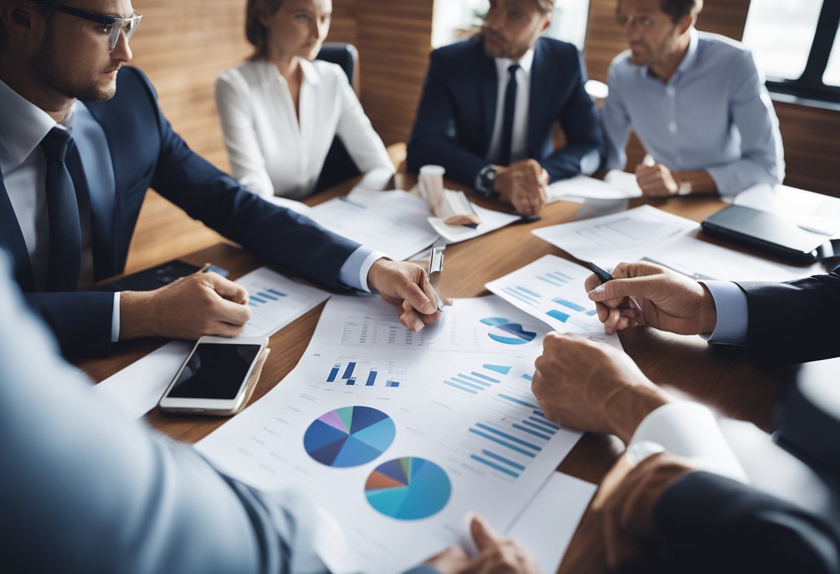 A group of investors discussing potential private equity funds, surrounded by charts and financial documents in a boardroom setting