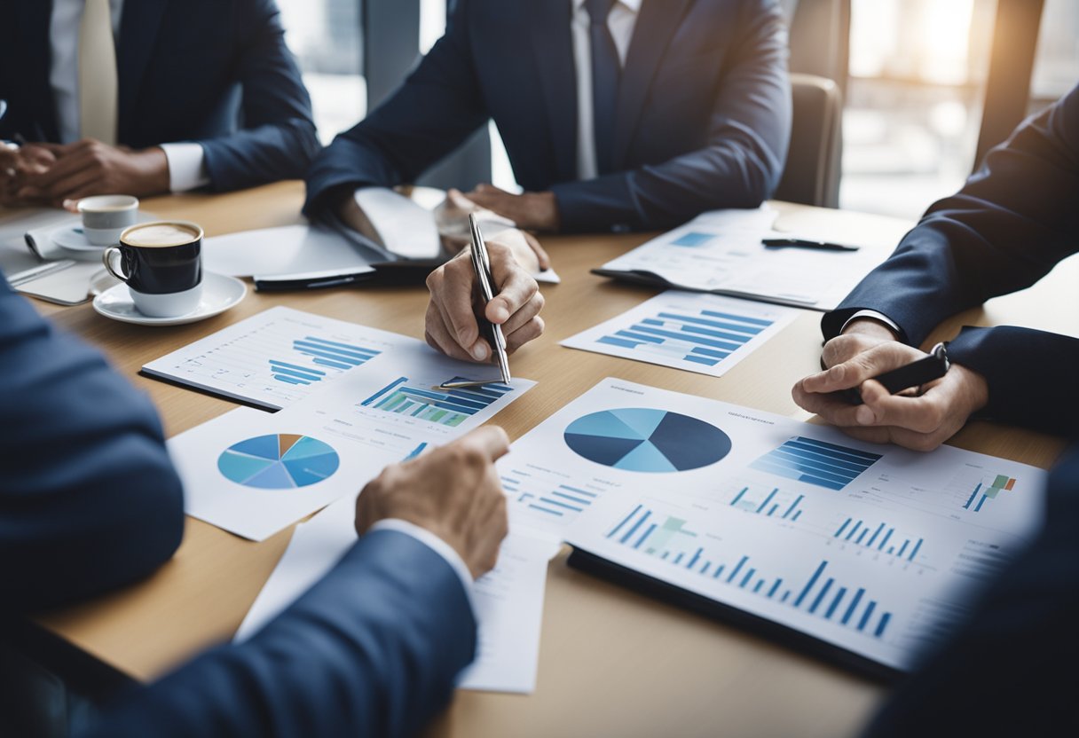 A group of investors discussing private equity funds with charts and graphs on a conference table