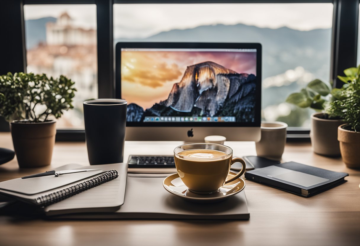 A cozy home office with a laptop, books, and a cup of coffee. A chart showing increasing passive income. A serene and focused atmosphere