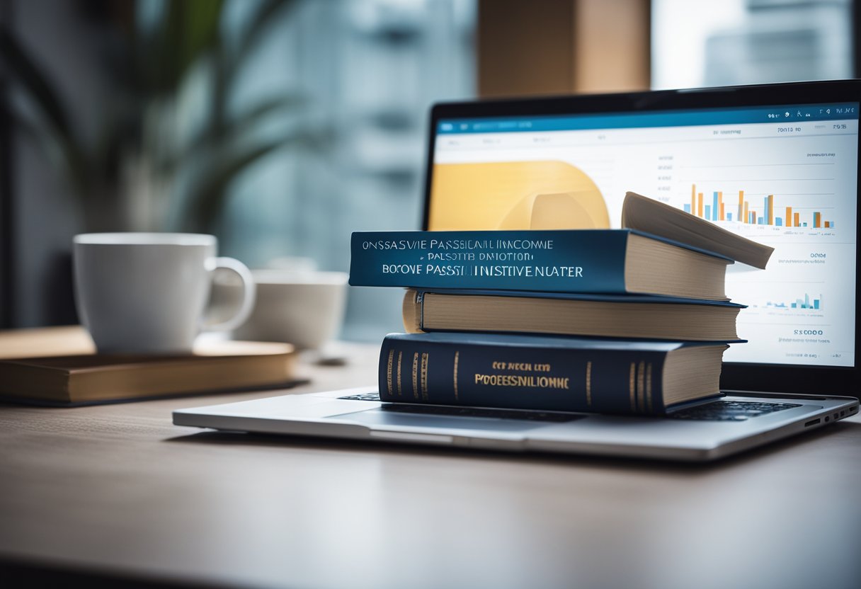 A stack of books on passive income with a growing graph in the background. A laptop open to investment strategies