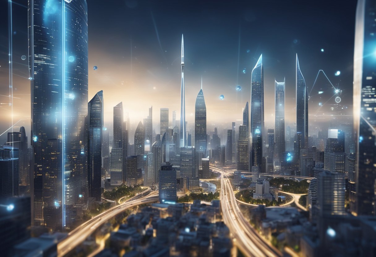 A futuristic city skyline with AI algorithms analyzing financial data for investment management