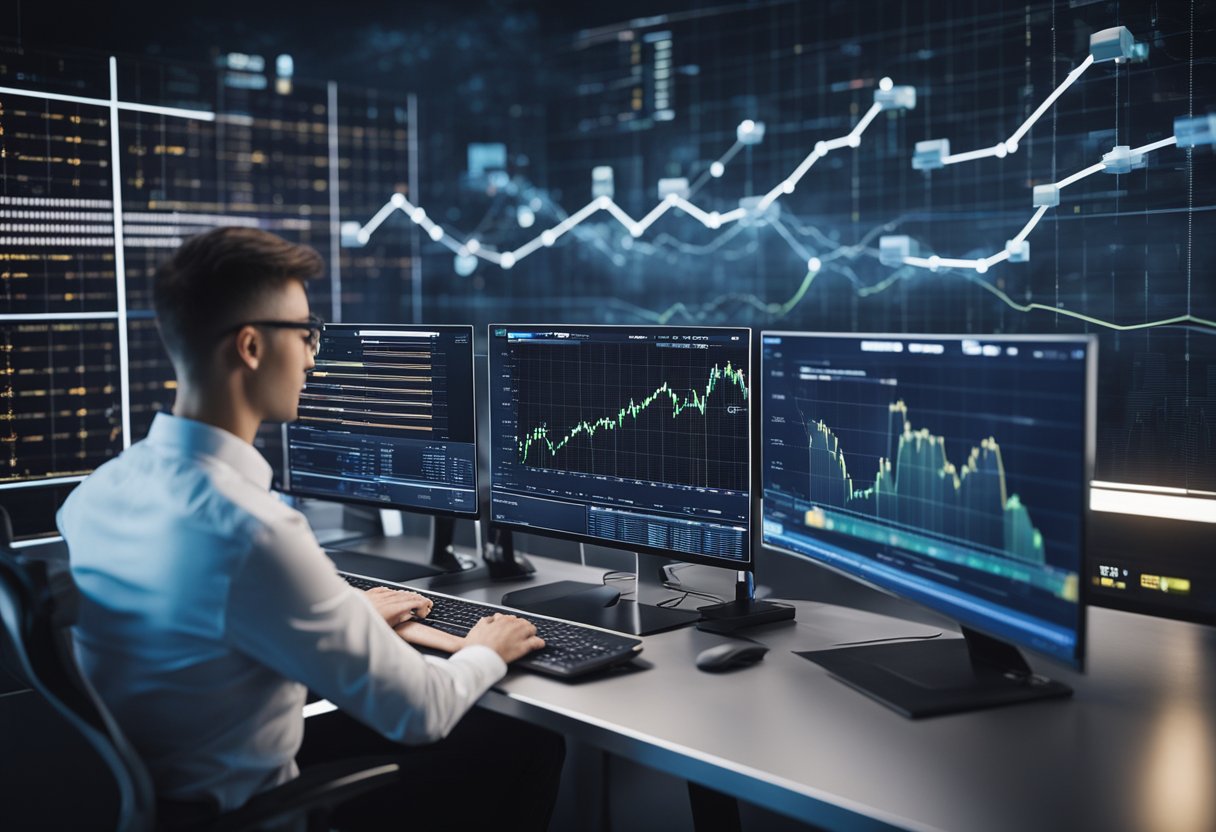 An AI system analyzing investment data, charts, and graphs, with a futuristic interface displaying predictive algorithms and financial insights