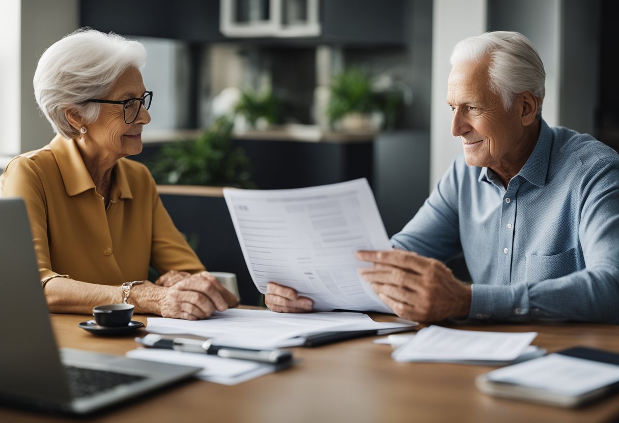 A serene elderly couple sitting at a table, surrounded by financial documents and a laptop, discussing their post-retirement financial planning