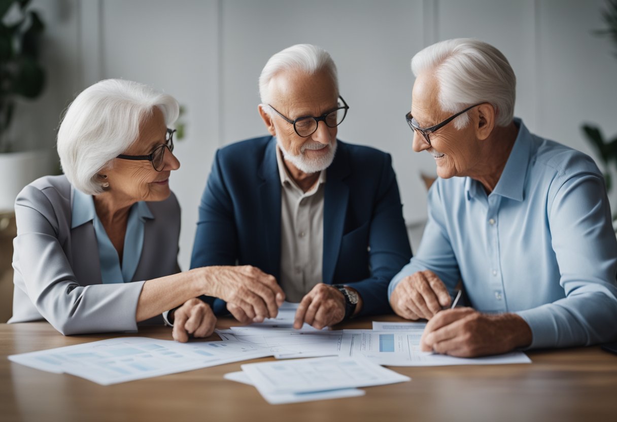 A serene elderly couple sitting at a table, discussing retirement options and financial planning. Charts and graphs spread out in front of them, showing different investment strategies