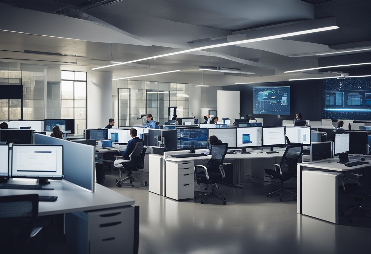 A modern office with a team of professionals brainstorming and collaborating on innovative technological solutions. Computer screens, whiteboards, and futuristic technology devices are scattered around the room