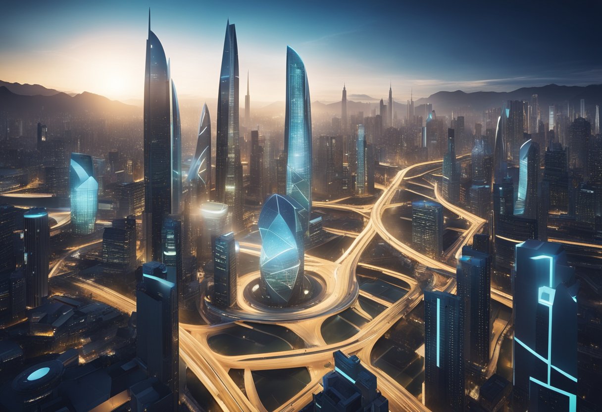 A futuristic city skyline with sleek, innovative buildings and advanced technology integrated into the infrastructure. Bright lights and cutting-edge designs convey the concept of technological innovation