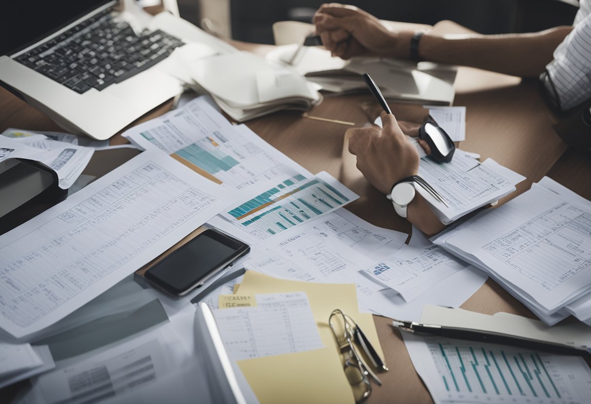 A cluttered desk with budget spreadsheets, a laptop, and a stack of bills. A worried expression on a young person's face as they try to balance their finances