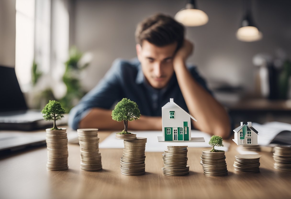 A young person surrounded by financial obstacles, including student loans and housing costs, while trying to plan for the future