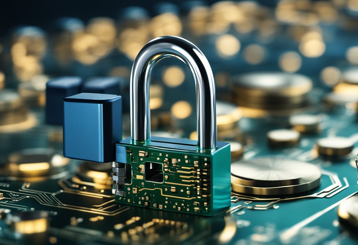 A padlock symbolizing digital security, surrounded by shields and firewalls, with a shielded circuit board in the background