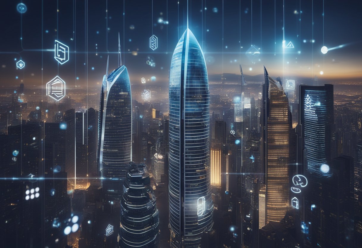 A futuristic city skyline with digital bank logos prominently displayed on towering skyscrapers. A network of glowing data streams connects the buildings, symbolizing the influence of digital banks on the future of finance