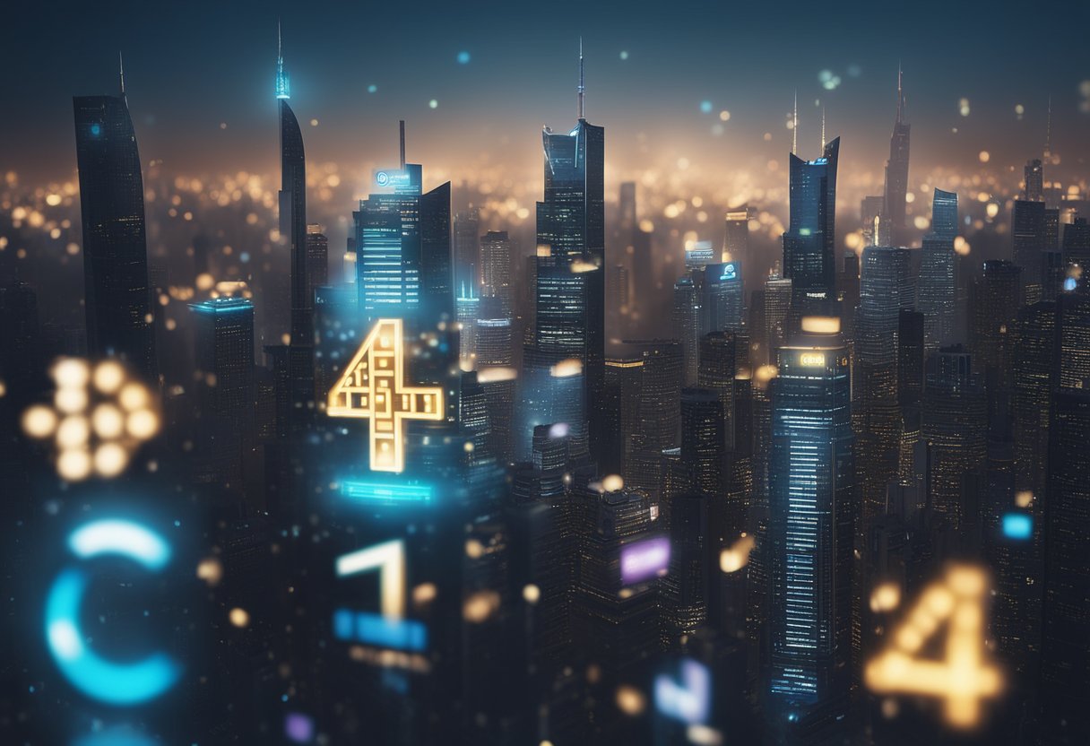 A futuristic cityscape with digital bank logos glowing atop skyscrapers, symbolizing the rise of digital banks in the future of finance