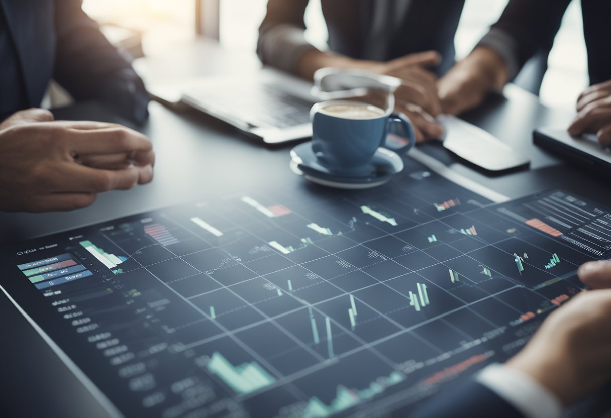 A table with charts, graphs, and financial data. A group of people discussing and analyzing investment opportunities in startups