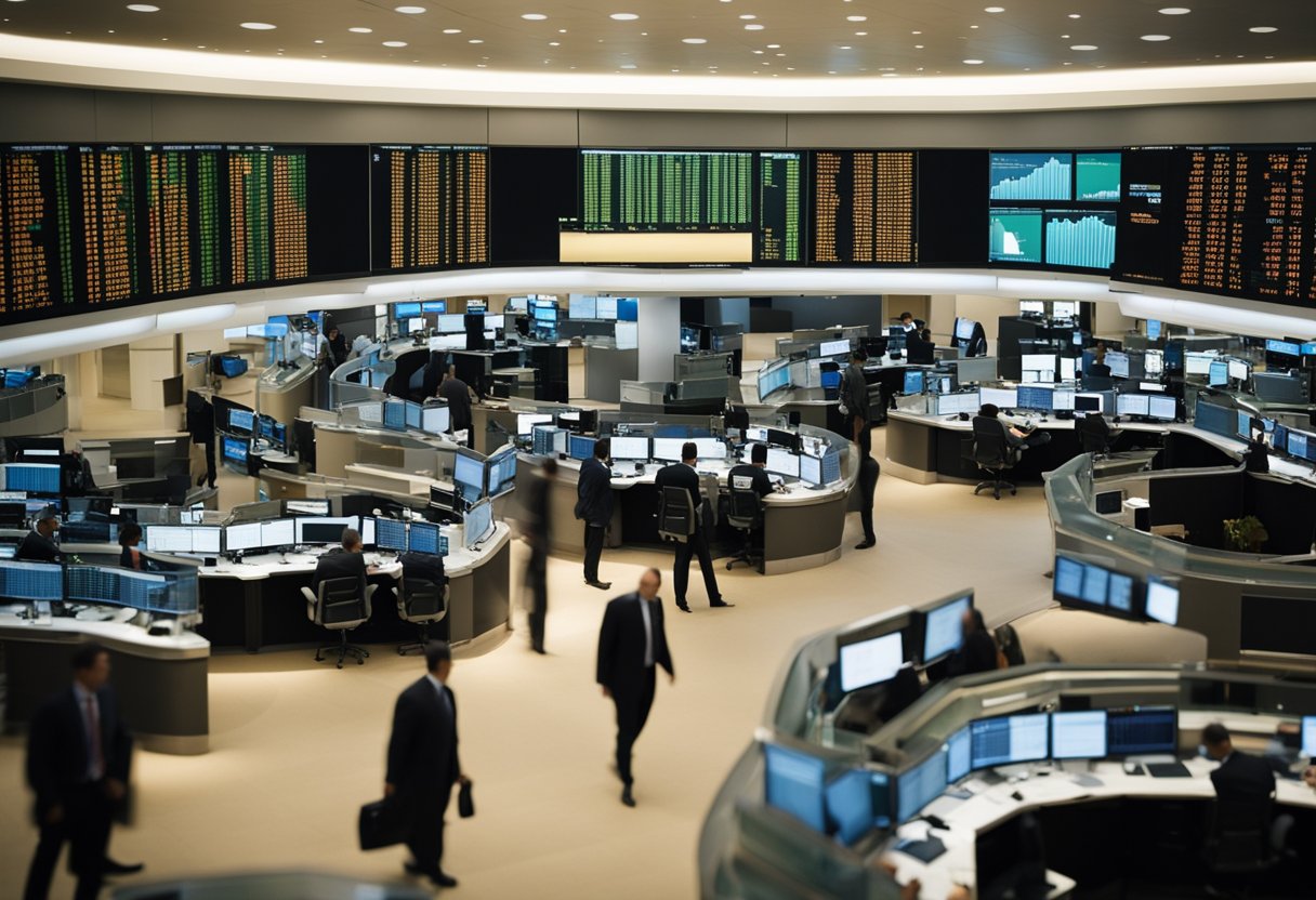 A bustling financial market with traders exchanging assets, charts displaying liquidity strategies, and investors seeking to increase their investment liquidity