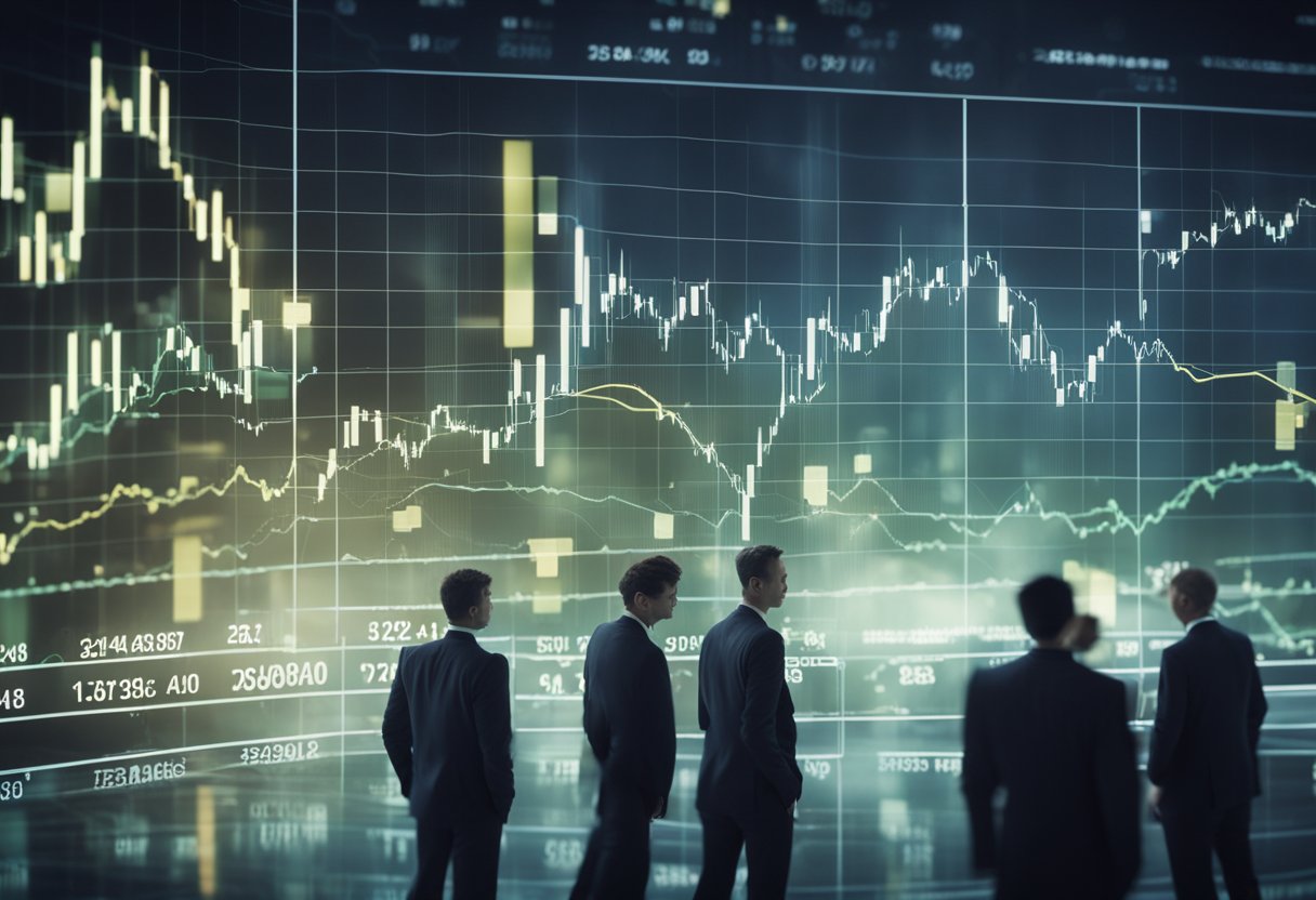 A chaotic stock market with downward trend lines, sinking currency symbols, and confused investors amid negative interest rates