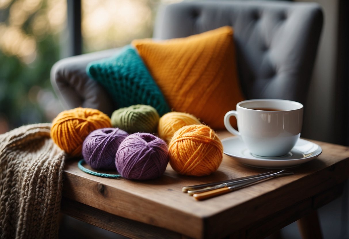 A table with colorful yarn, crochet hooks, and a pattern book. A cozy chair and a cup of tea nearby