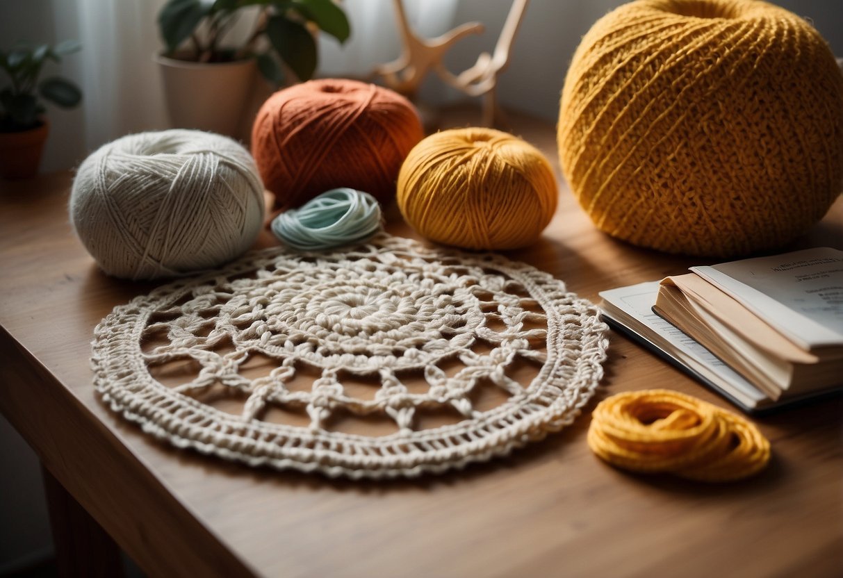 A table with crochet materials, yarn, hooks, and a pattern book. A finished crochet project on display. Soft natural lighting