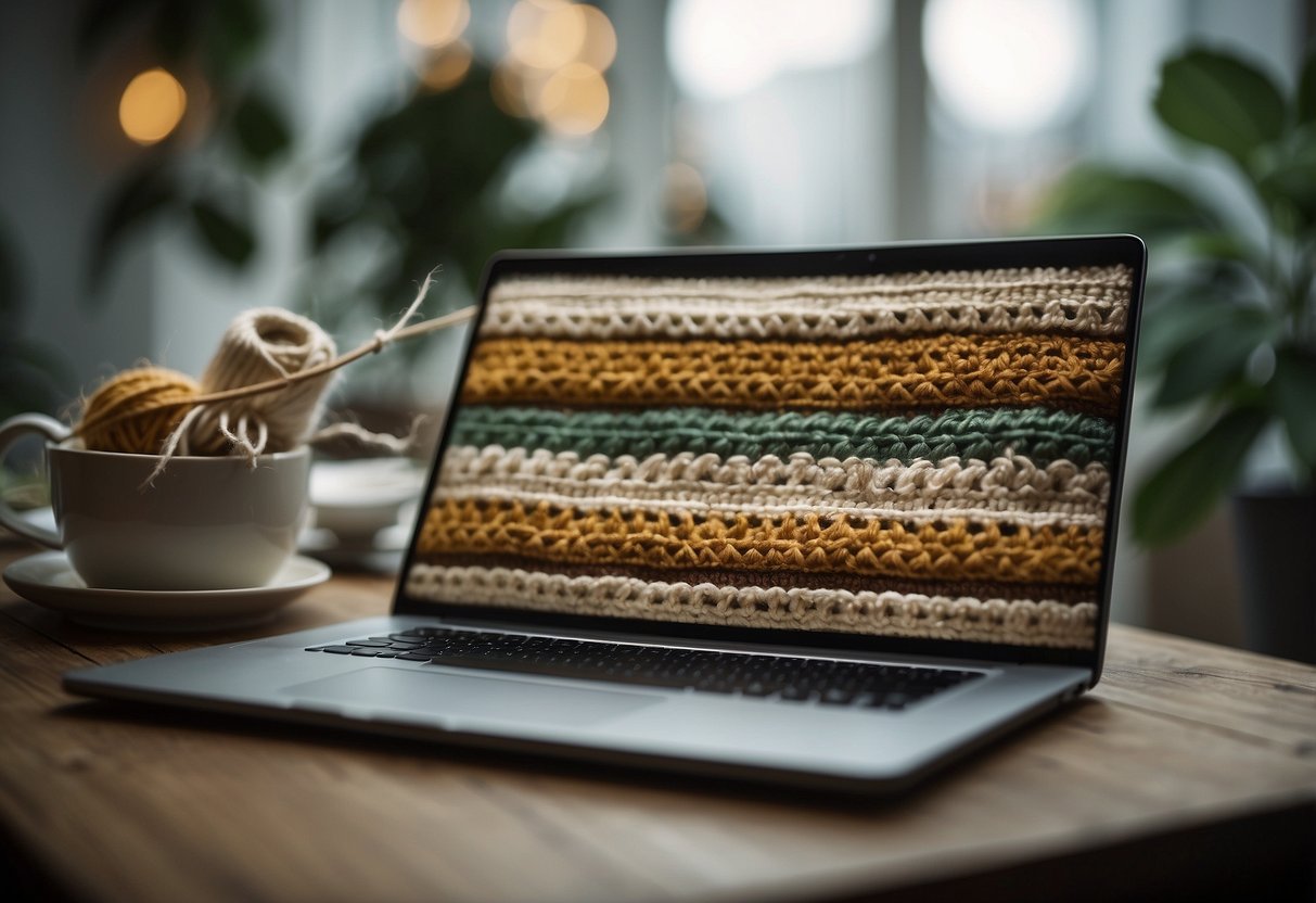 A laptop displaying a crochet tutorial with yarn and hooks on a table