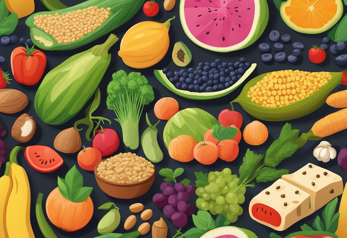 A colorful array of fruits, vegetables, grains, and legumes arranged on a wooden table. A variety of plant-based foods, such as tofu, nuts, and seeds, are also included in the scene