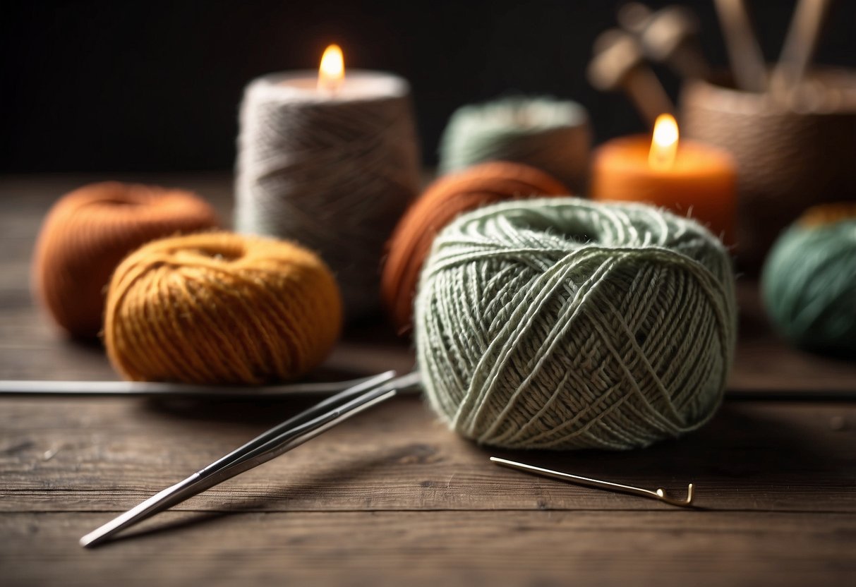 A table with yarn, needles, and crochet hooks, showcasing the difference between knitting and crocheting