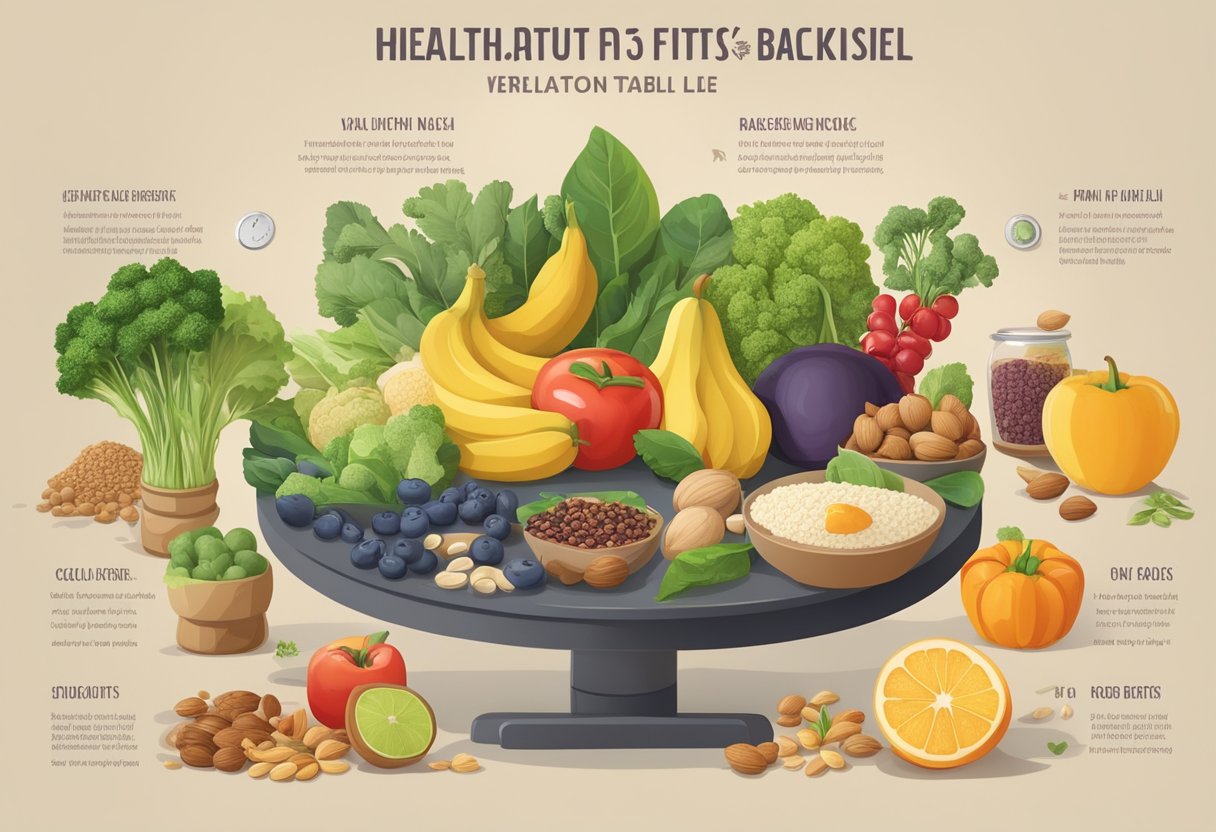 A table with a variety of plant-based foods, including fruits, vegetables, nuts, and grains. A scale showing the health benefits and risks of each food item