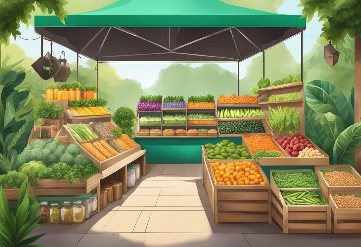 Plant-Based Foods: The Future of Sustainable Eating 4 A vibrant market stall displays a variety of colorful plant-based foods, surrounded by lush greenery and eco-friendly packaging