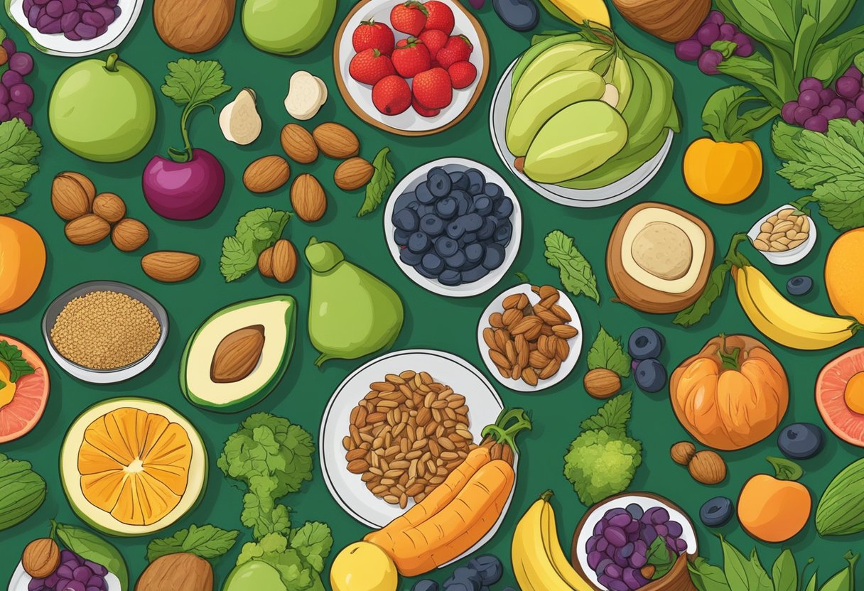 A colorful array of fruits, vegetables, nuts, and grains arranged on a table, with a vibrant green plant-based meal being served on a plate nearby