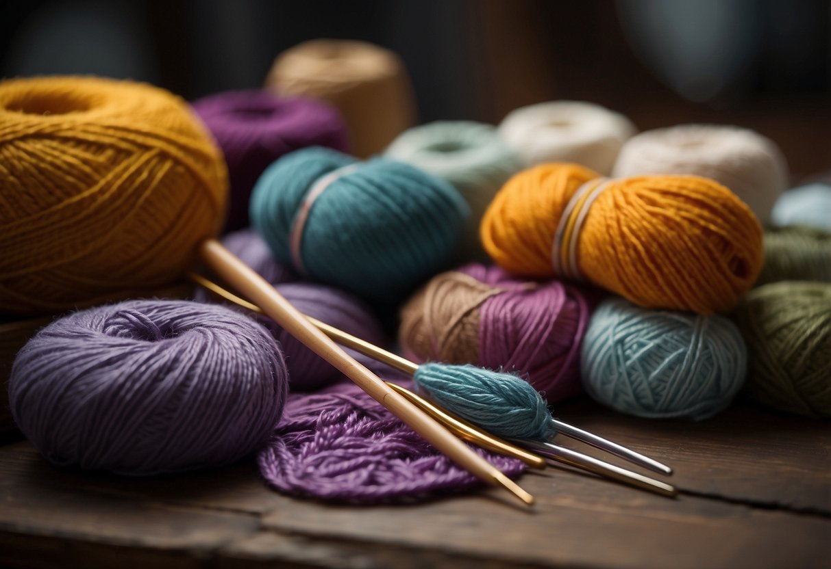 A table with colorful yarns, crochet hooks, and a pattern book