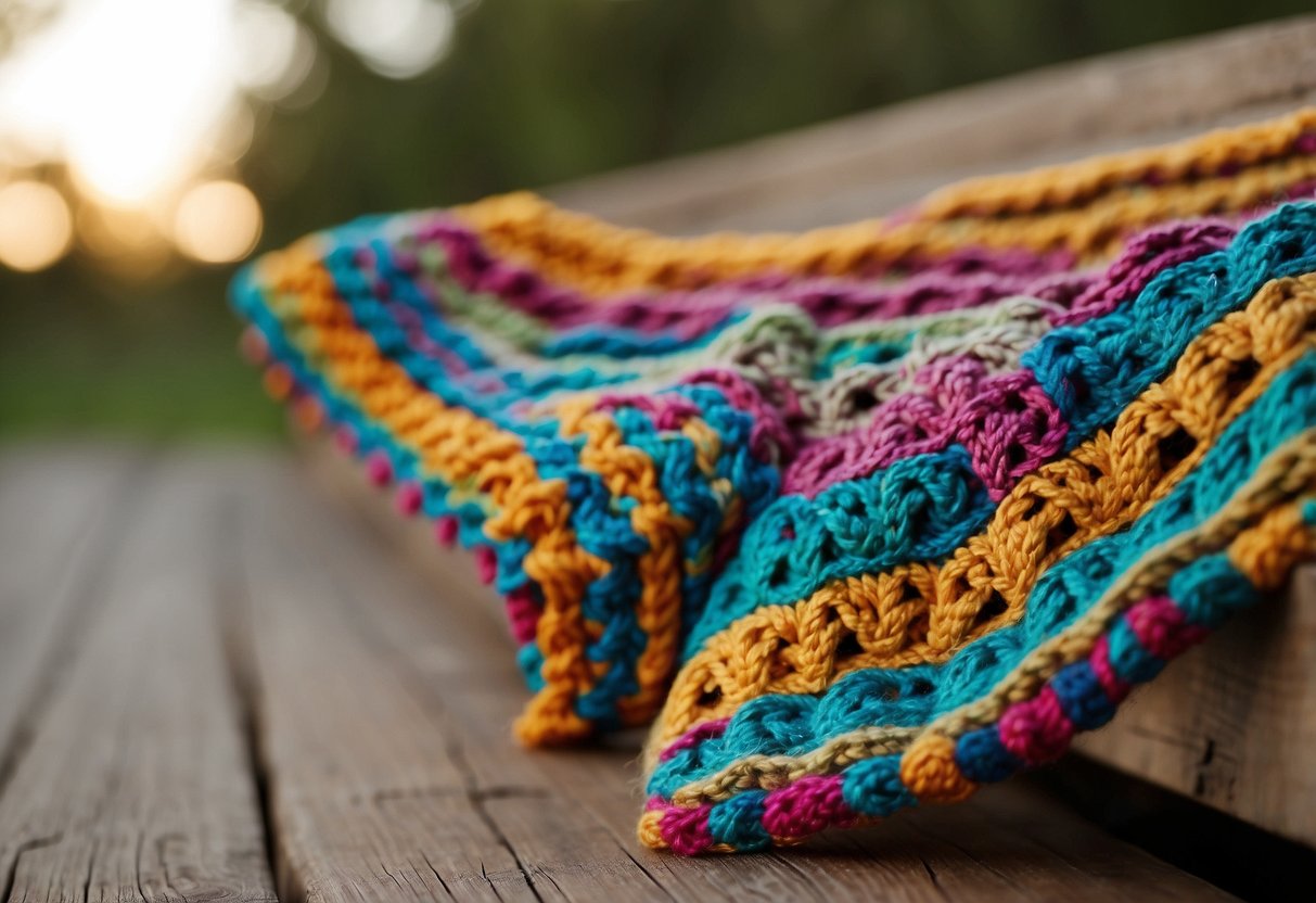 A colorful crocheted Tunisian pattern, with a hook and yarn, laid out on a wooden surface