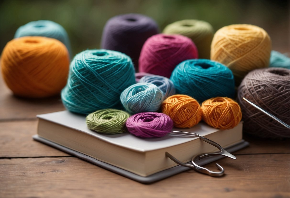 A table with colorful yarn, crochet hooks, and a beginner's guide book