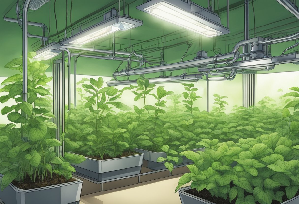 Lush green plants thrive in hydronic growing systems, their roots submerged in nutrient-rich water, while overhead grow lights provide the necessary illumination for growth