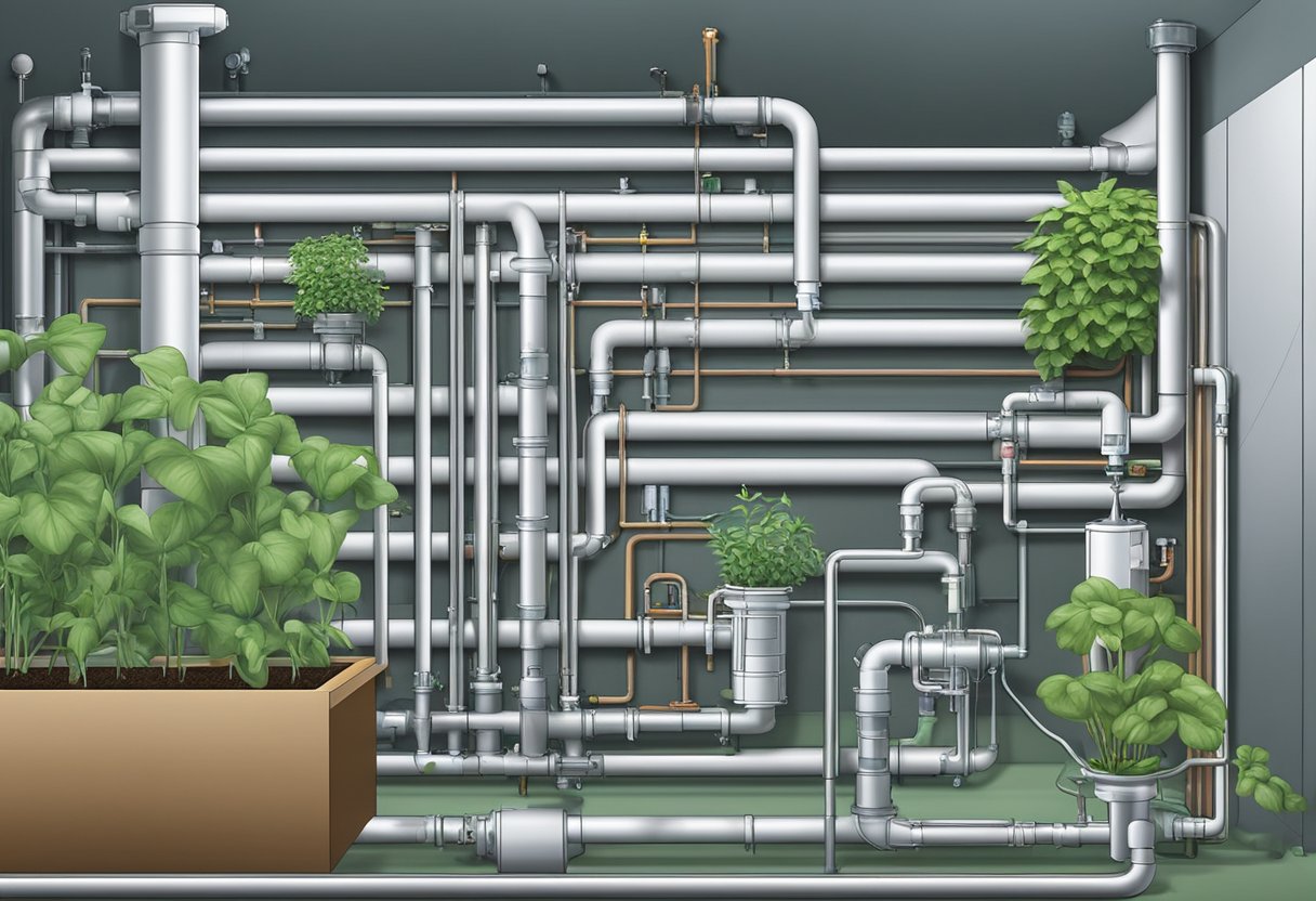 A hydronic growing system with pipes, valves, and plants arranged in a controlled indoor environment