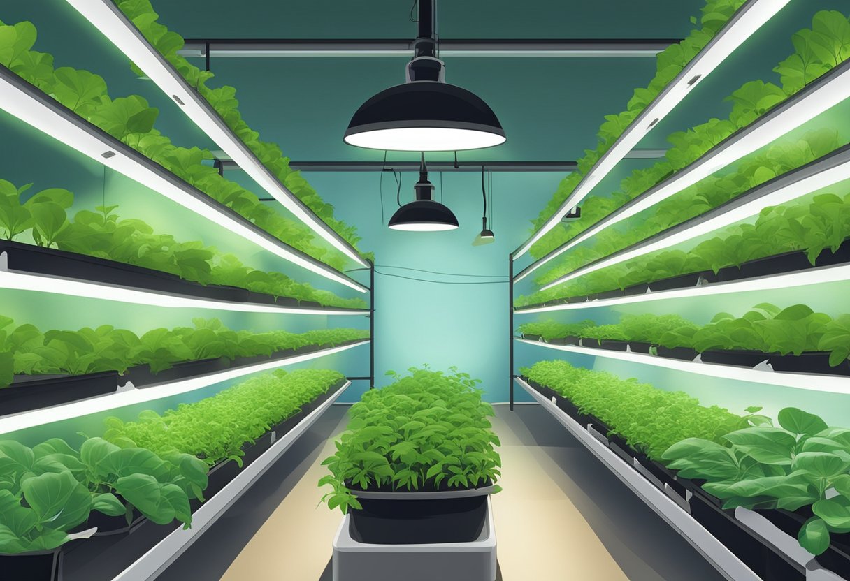 Lush green plants thrive in a clean, organized hydroponic system. Tubes and tanks deliver water and nutrients to the plants, while bright lights provide the perfect growing environment