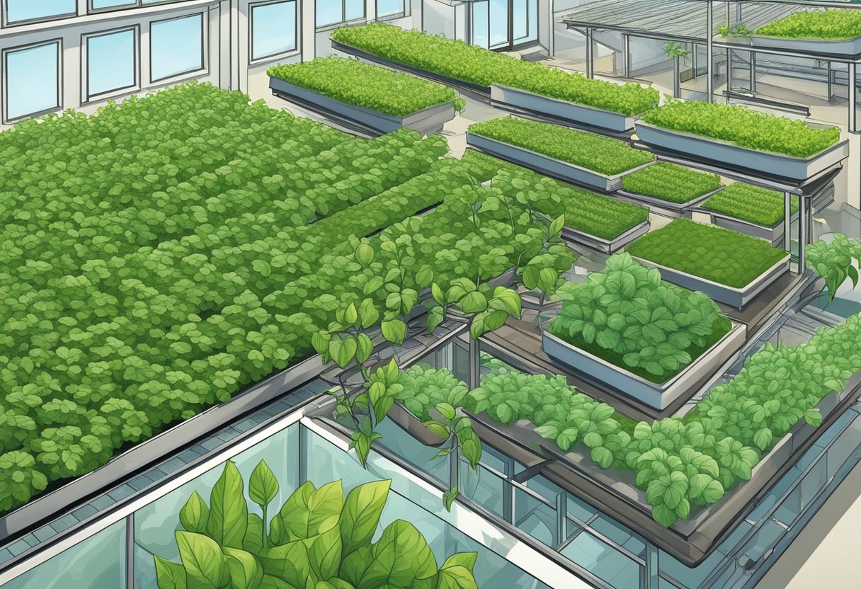 Lush green plants thrive in various settings: urban rooftop, suburban backyard, and rural greenhouse. Hydroponic systems sustain healthy growth