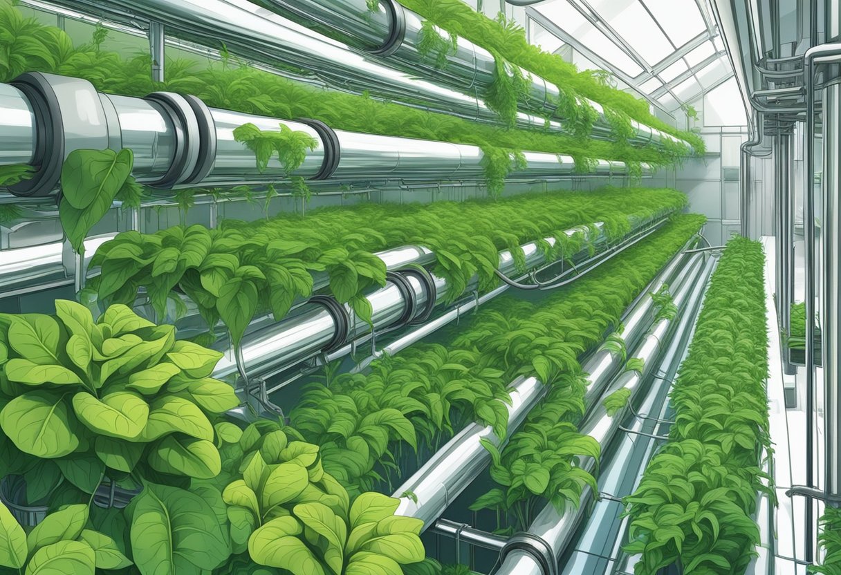 Lush green plants thriving in a hydronic growing system, with nutrient-rich water flowing through the intricate network of tubes and roots