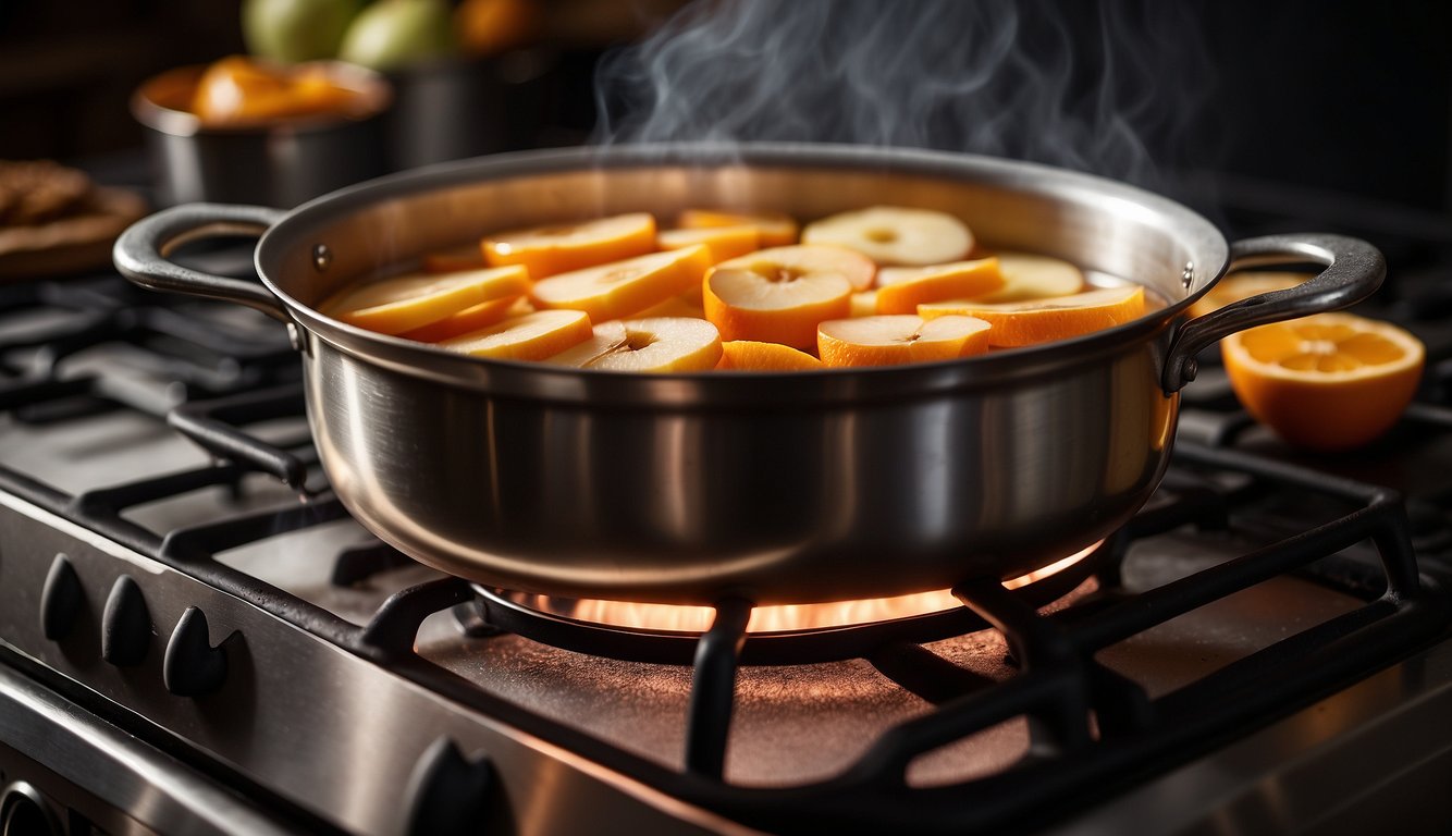 A pot simmering on a stovetop, filled with apple cider, cinnamon sticks, cloves, and orange slices. Steam rising, creating a warm and inviting atmosphere