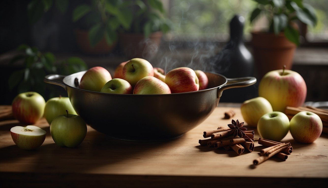 A table with fresh apples, cinnamon sticks, and cloves. A pot simmering on the stove. A cutting board with a knife ready to slice the fruit