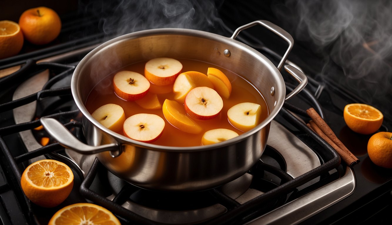 A pot of apple cider simmers on the stove. Cinnamon sticks, cloves, and orange slices infuse the liquid. Steam rises from the pot, filling the air with warm, spicy aromas