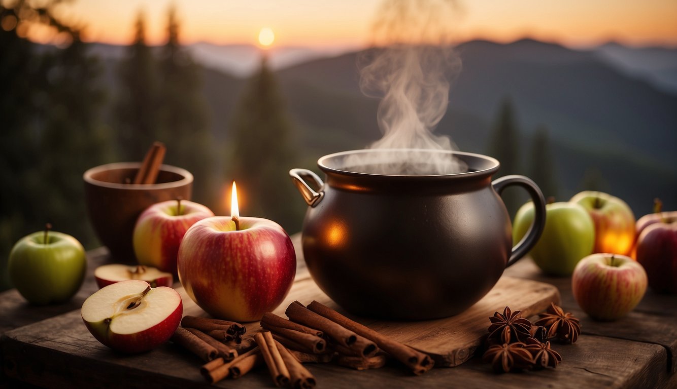 A steaming pot of spiced apple cider sits on a rustic wooden table, surrounded by cinnamon sticks, cloves, and fresh apples. A warm, inviting atmosphere is created by the soft glow of candlelight in the background