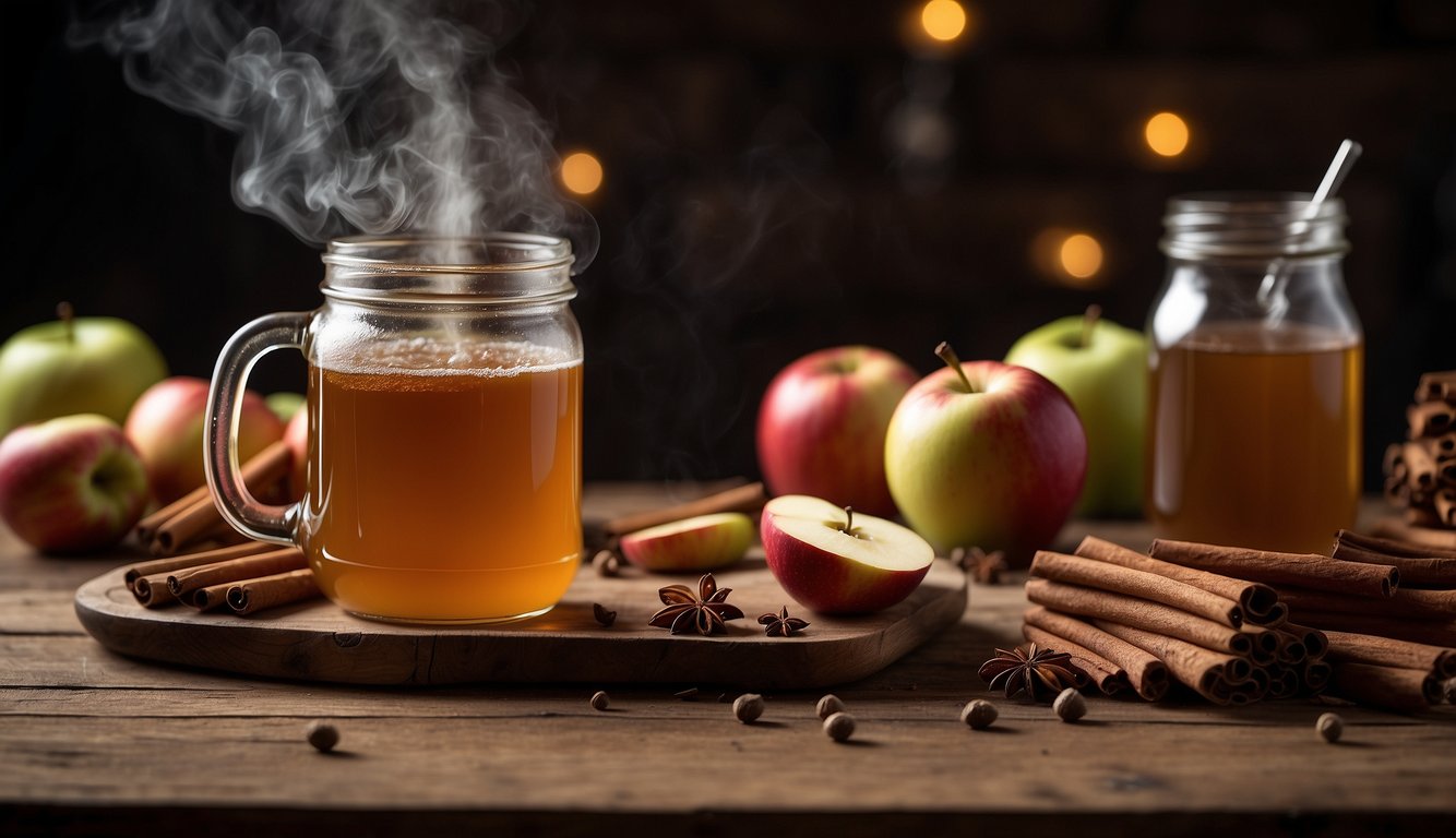 A steaming pot of spiced apple cider sits on a rustic wooden table, surrounded by cinnamon sticks, cloves, and fresh apples. A mason jar filled with the fragrant drink sits nearby, ready to be enjoyed