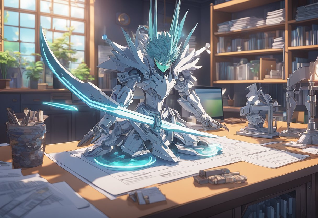 A 3D printer creating anime-inspired swords, with legal documents and copyright symbols in the background