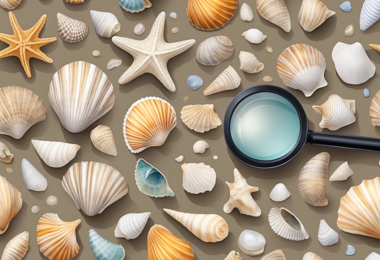 A variety of seashells arranged on a sandy beach, with a magnifying glass and identification guide nearby