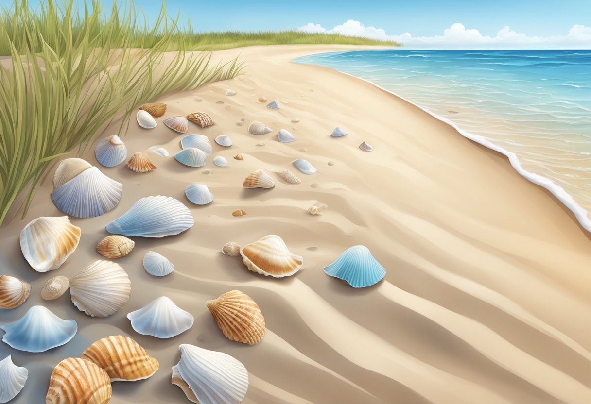 A sandy beach with a variety of seashells scattered across the shore, waves gently lapping at the edge of the sand, and a clear blue sky overhead