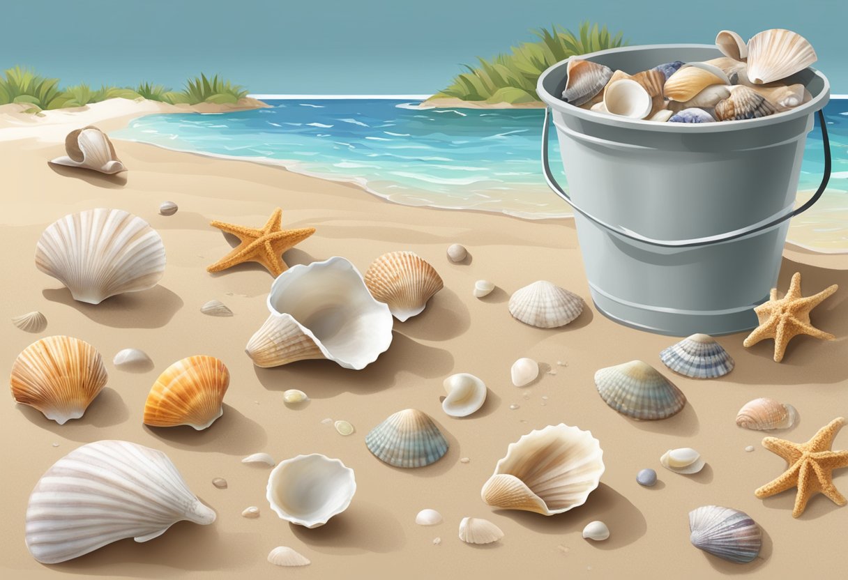 A beach with a variety of seashells scattered across the sand, a bucket and shovel next to a guidebook titled "Equipping for Shelling: Beginner's Guide to Seashell Collecting."