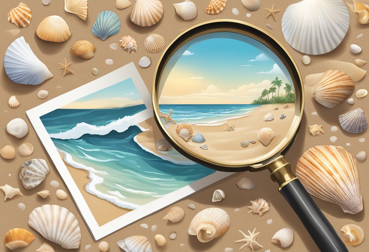 A sandy beach with a variety of seashells scattered across the shore, a person holding a guidebook, and a magnifying glass examining the intricate details of a seashell