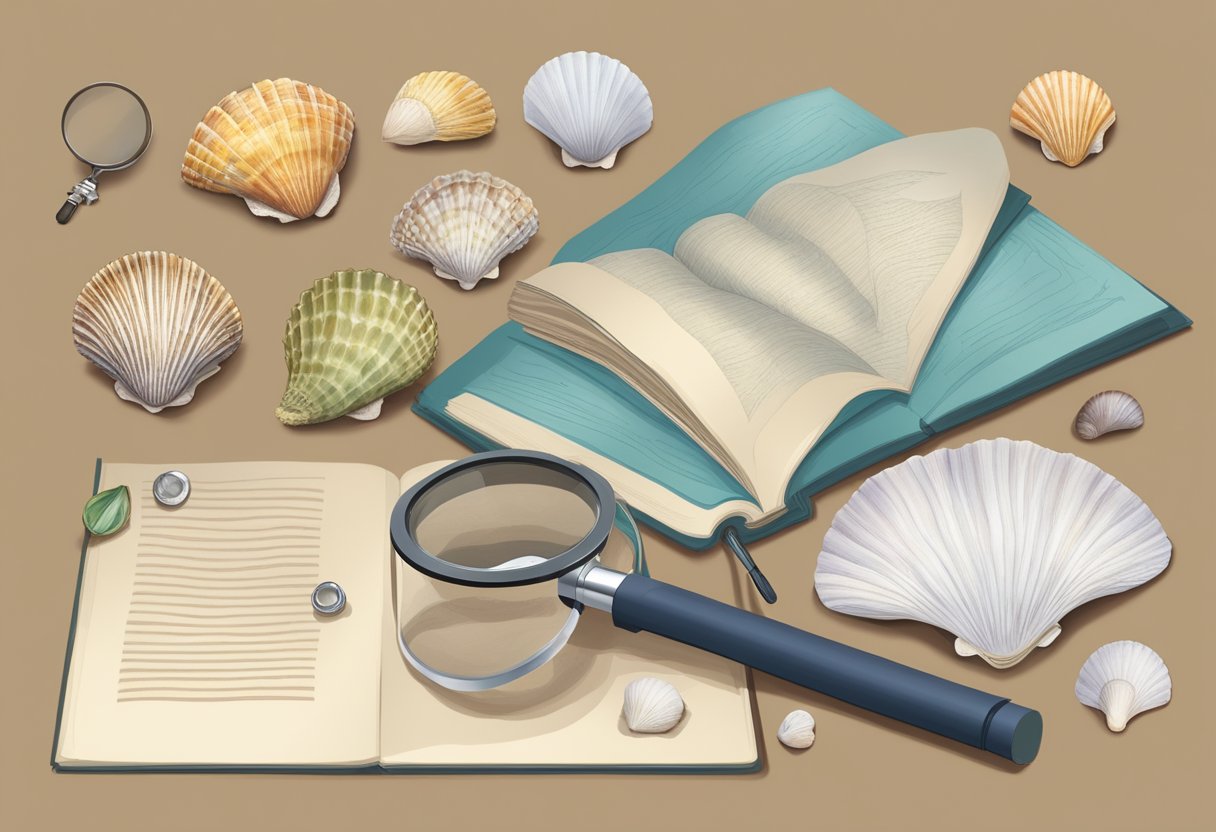 A table with seashells arranged by type and size, a magnifying glass, and a guidebook open to a page about identifying different species